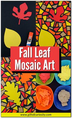 fall leaf mosaic art project for kids to make with paper and construction materials on the table