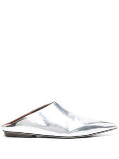 silver-tone calf leather patent finish pointed toe branded leather insole flat leather sole slip-on style Sleek Calf Leather Mules With Pointed Toe, Sleek Pointed Toe Calf Leather Mules, Designer Patent Leather Pointed Toe Mules, Designer Patent Leather Mules With Pointed Toe, Flat Calf Leather Mules With Leather Sole, Slip-on Pointed Toe Flats For Galas, Sleek Calf Leather Slip-on Flats, Silver Leather Pointed Toe Flats, Silver Leather Slip-on Flats