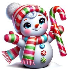 a snowman with candy canes in his hand