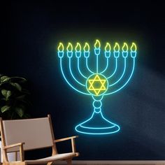 a lit up menorah with candles in it