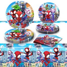 spider - man birthday party supplies including plates, napkins and cups with images of the characters