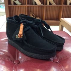 New Clarks Women's Wallabee Boot In Black Suede. Sku: 55521 Color: Black Suede Clarks Wallabees Women's, Clarks Wallabees Men, Brown Leather Wedge Boots, Clarks Originals Men, Black Clarks, Fire Shoes, Womens Leather Booties, Clarks Wallabee