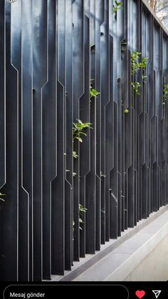 a black metal fence with plants growing on the top and bottom part, along side it