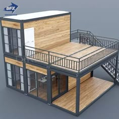 a model of a house with wooden floors and metal railings on the second floor