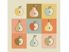 cross stitch pattern with apples, pears and pears on squares in different colors