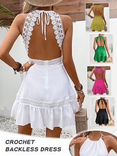 Guipure Lace Panel Backless Ruffle Hem Dress White Sexy  Sleeveless Woven Fabric Plain Cami Non-Stretch  Women Clothing, size features are:Bust: ,Length: ,Sleeve Length: Chiffon Tie-back Mini Dress For The Beach, Beach Sleeveless Mini Dress With Lace-up Back, White Crochet Mini Dress For Beach Cover-up, Beach A-line Mini Dress With Tie Back, Beach Hollow Out V-neck Crochet Dress, Boho Summer Dresses, Ruffle Hem Dress, 70 Dress, Lace Panelled