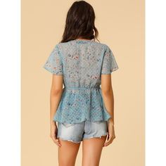 Let your summer wardrobe blossom with this floral print shirt. This blouse from Allegra K is a cute option that features a pretty V-neckline. A wear-with-anything option for summer fun. Framed by flattering flare sleeves and an elegant V-neckline, this blouse from Allegra K is an option that is sure to help you leap into spring/summer styling. A casual look is made everyday easy with this V-neck blouse in a flattering peplum style of sheer crinkled chiffon with a dainty floral print. Three Quarter Sleeve Blouses, Floral Chiffon Blouse, Sheer Floral Blouse, Tie Waist Top, Womens Summer Shorts, Peplum Shirts, Peplum Styling, Peplum Styles, Tie Neck Blouse