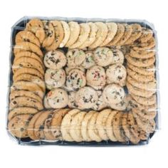 a tray filled with cookies and other treats