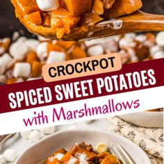 a spoon full of sweet potato casserole with marshmallows