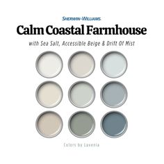 the book cover for calm coastal farmhouse house with sea salt, accessible belge and drift mist