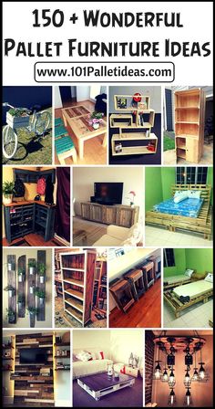 a collage of furniture made from pallets and wooden crates with text overlay reading 150 wonderful pallet furniture ideas