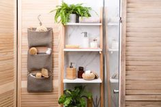 a bathroom with wooden shelves and plants on the wall