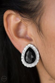 Glassy white rhinestones spin around a faceted black teardrop gem for a regal look. Earring attaches to a standard clip-on fitting. Sold as one pair of clip-on earrings. Sparkle Fashion, Mixed Metal Jewelry, Earrings Trendy, Glam Style, Paparazzi Accessories, White Rhinestone, Black Earrings, Affordable Jewelry, Paparazzi Jewelry