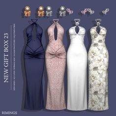 four dresses are shown with bows on the neck and back, all in different colors