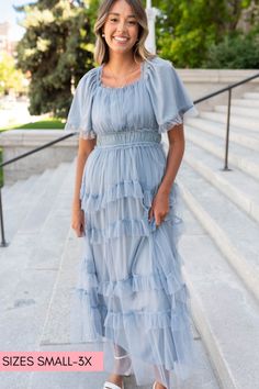 This romantic dusty blue maxi dress is so pretty with the soft tulle over lay and flutter sleves.  Give it a twrill you will love it.
Size small to x-large and 1x to 3x Modest Long Dresses, Blue Maxi Dress, Photoshoot Dress, Soft Tulle, Blue Maxi, Curvy Dress, Tulle Fabric, Tier Skirt, Maxi Dress Blue