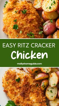 chicken and potatoes on a white plate with the words easy ritz cracker chicken