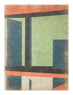 an abstract painting with blue, green and orange squares on the bottom half of it