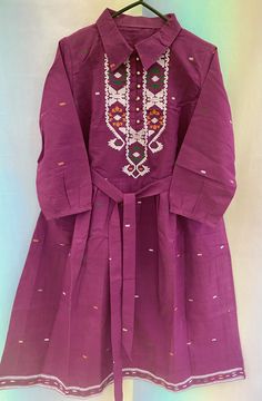 This is a 100% pure cotton and hand woven jamdani dress. You can wear it as dress or kurti, whichever you like. Size: one size Bust: 42 inch Waist: 40 inch Length of the dress: 40 inch Hand wash only. Wash the dress only with cold water. A perfect and comfortable dress for summer day💜💜 Traditional Cotton Kurta For Summer, Festive Cotton Tunic Dress, Cotton Embroidered Straight Kurta Dress For Eid, Cotton Embroidered Dress With Chikankari For Eid, Folk Style Cotton Dress With Traditional Patterns, Traditional Cotton Embroidered Dress With Traditional Patterns, Cotton Eid Embroidered Straight Kurta Dress, Eid Embroidered Cotton Straight Kurta Dress, Eid Cotton Embroidered Straight Kurta Dress