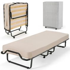 two folding beds with mattresses on each side and the same bed frame in different positions