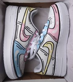 Nike Air Force 1 Sneakers Pastel Cartoon outline Custom Design Same design on both shoes Colours can be changed to customers preference. Brand new in original box Only 100% authentic Nike Air Force 1 Waterproof paint used. Sealed with leather paint seal and sprayed with crep protect. However take care cleaning products. Hand wiping is advisable Can also do custom Air Jordan 1 in same design. Cartoon Green, Nike Shoes Air Force, Trendy Shoes Sneakers, Nike Shoes Girls, Nike Fashion Shoes