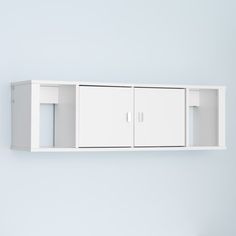 a white shelf with two doors on the wall