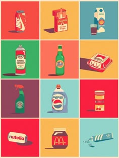 an image of different types of food and drinks in squares with the same color scheme