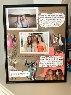 a collage of pictures and words is displayed in a frame on a countertop