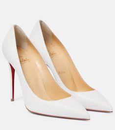 White Loubitons Heels, Classic Heels With Red Sole In Calf Leather, Classic Red Sole Calf Leather Heels, Classic Calf Leather Heels With Red Sole, Chic White Heels For Business, White Calf Leather Heels, Chic Court Shoes With Red Sole And Closed Toe, Chic Pointed Toe Court Shoes With Red Sole, White Calf Leather Heels With 4-inch Heel