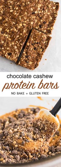 chocolate cashew protein bars with no bake and gluten free on top