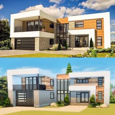 two pictures side by side of a modern house