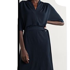 Malene Birger Dress In Navy Stretch Ponte With Belt. So Versatile And With Lovely Relaxed Silhouette. New, Tags Removed But Never Worn. Modern V-neck Dress For Work, Blue Fitted Belted Dress With Short Sleeves, Blue Viscose Midi Dress For Evening, Modern V-neck Dress For Night Out, Modern Blue Evening Dress, Versatile Knee-length Midi Dress For Work, Versatile Knee-length Dress For Work, Modern Blue Dress For Summer, Short Sleeve Belted Dress For Evening