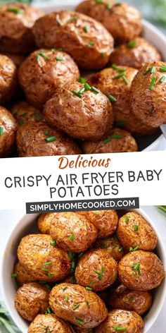 crispy air fryer baby potatoes in a white bowl with green sprigs