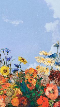 an oil painting of colorful flowers against a blue sky