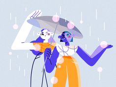 two people are standing under an umbrella in the rain, one is wearing headphones