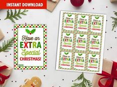 an image of christmas stickers and presents on a table with the words, have an extra special christmas