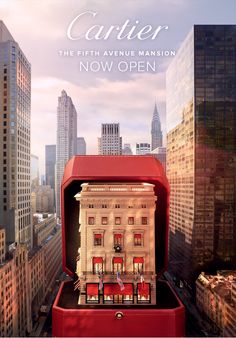 an advertisement for the fifth avenue mansion in new york city, with red chairs on top