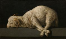 a painting of a sheep laying down on the ground