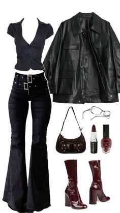 Rockstar's Girlfriend Outfits, Gothic Autumn Outfit, Feminine Punk Outfits, Rockstar Girlfriend Outfit Ideas, Rock Gf Outfit, Dark Concert Outfit, Dress And Leather Jacket Outfit, Cas Concert Outfit, Rockstars Girlfriend Outfits