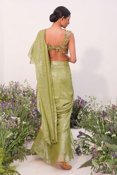 Green pre-stitched saree with ruffle trims. Paired with a padded blouse with floral hand embroidered straps. - Aza Fashions Ruffle Sarees, Stitched Saree, Ruffle Saree, Padded Blouse, Drape Saree, Blouse For Women, Fashion App, Sweetheart Neck, Saree Blouse