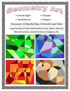 the book cover for geometric art, featuring four different colors and shapes with text on it