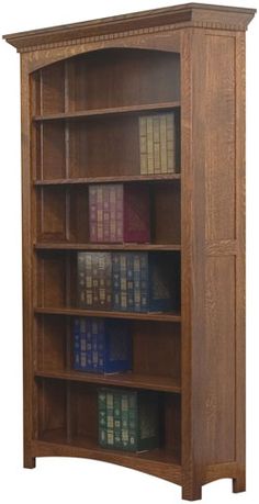 a wooden bookcase with several books on it's shelves and two doors open