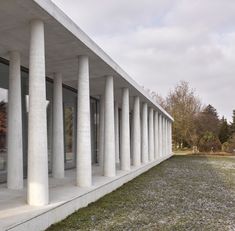 a row of white pillars sitting next to each other on top of a grass covered field