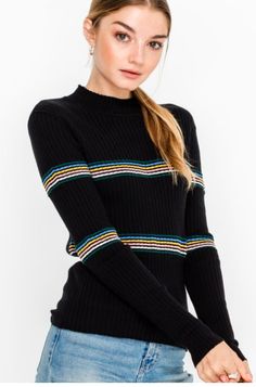 Black  Ribbed Mock Neck Long Sleeve Top Fall Black Sweater With Striped Collar, Stretch Striped Ribbed Sweater, Fitted Tops With Vertical Stripes For Fall, Fitted Vertical Stripes Top For Fall, Trendy Vertical Stripes Tops For Fall, Boho Clothing Brands, Black Mock Neck Top, Hippie Chic Fashion, Black Mock Neck