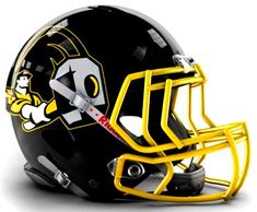 a black and yellow football helmet is shown