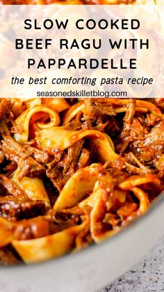 slow cooked beef ragu with pasta in a white bowl