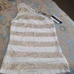 Brand New Off One Shoulder Top With Gold Sequence. Very Strechy Spring White Sequined Tank Top, White Sequined Tank Top For Spring, Spring White Sequined Tops, White Sequined Tops For Spring, White Polka Dot Top, Boho Tank Top, Neck Cream, One Shoulder Top, Crochet Vest