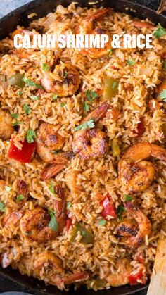 cajun shrimp and rice in a cast iron skillet