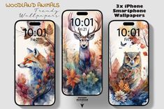 three phone cases with an image of animals and flowers on them, one is showing the time