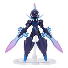 a figurine is shown on a white surface with blue and purple accents,