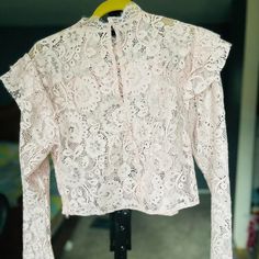 The Adorable Baby Pink In Soft Lace. Never Worn. Chic Pink Lace Top For Party, Feminine Pink Lace Top For Party, Feminine Pink Lace Party Top, Chic Pink Fitted Lace Top, Chic Fitted Pink Lace Top, Pink Long Sleeve Lace Top Blouse, Pink Fitted Lace Blouse, Pink Lace Fitted Blouse, Chic Pink Lace Blouse